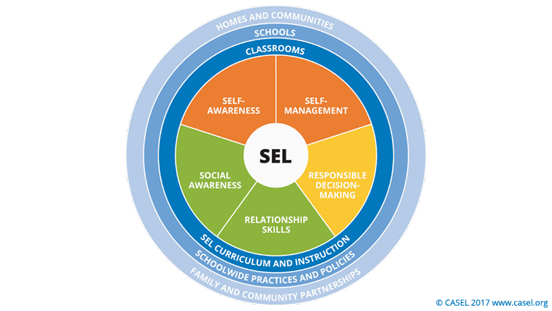 Chart showing the strategies for socail and emotional learning which are self awareness, self management, social awareness, relationship skills, and responsible decision making